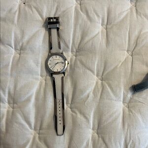 Burberry Silver and White Watch with Patterned Strap